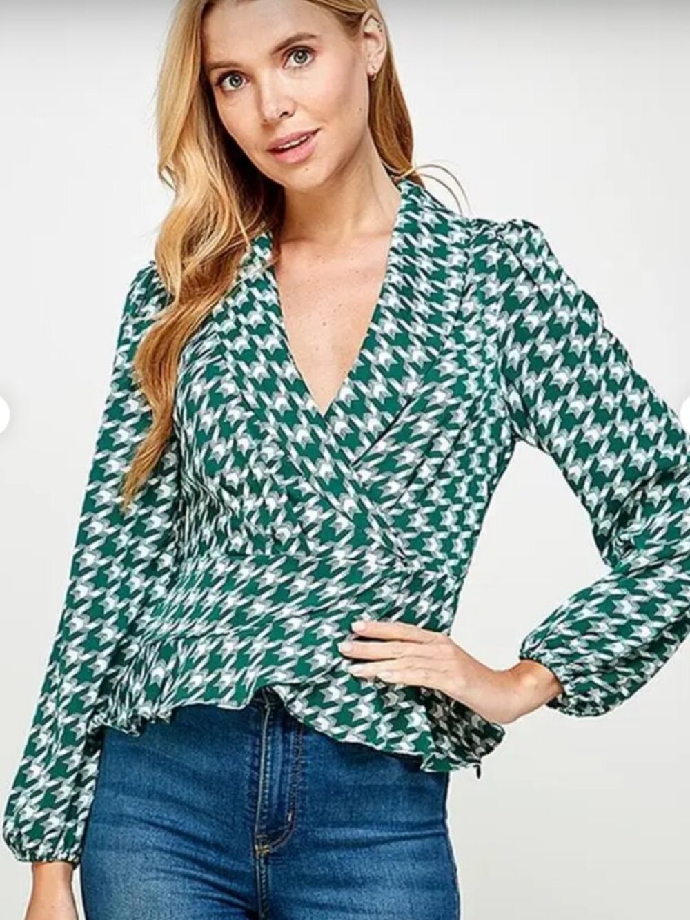 Milk & Honey Dark Green & White Houndstooth Peplum Top Career Preppy Old Money